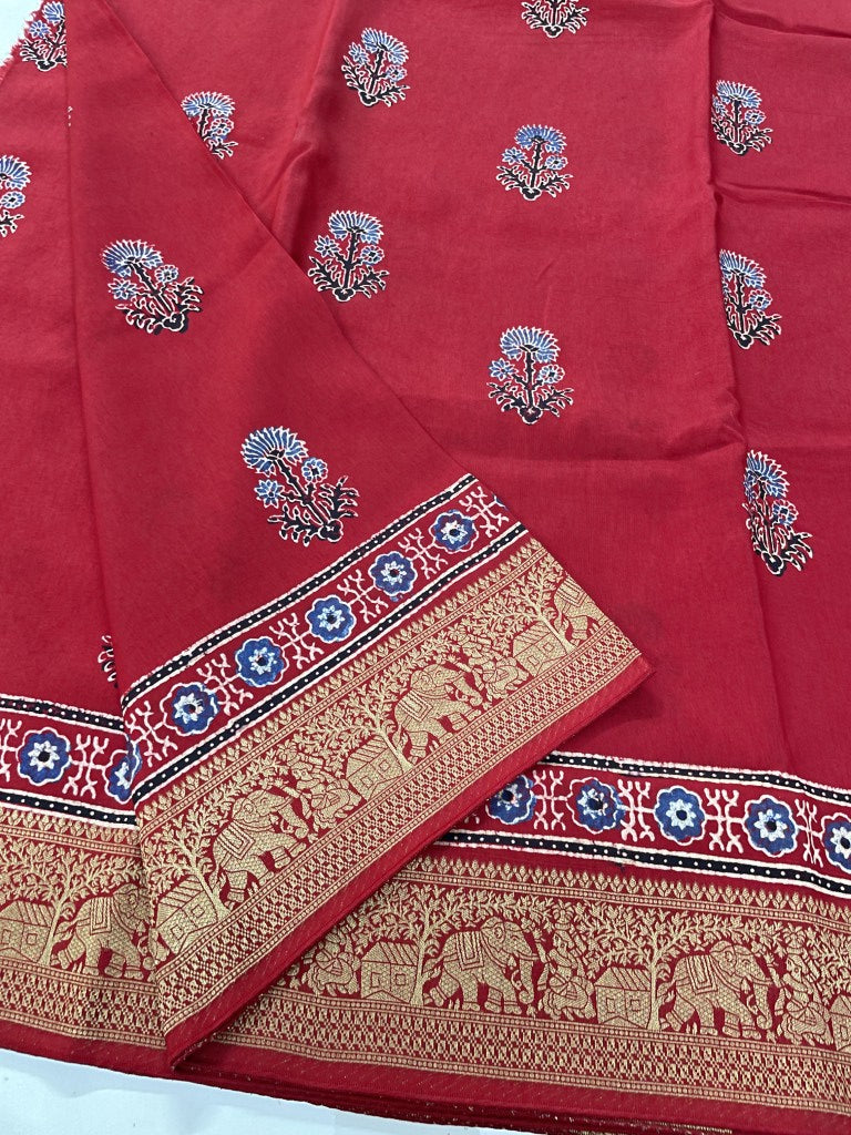 Red Ajrakh Dola Silk Saree