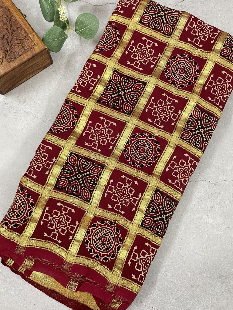 Maroon Ajrakh Gharchola Modal Silk Saree