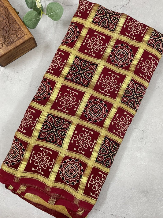 Maroon Ajrakh Gharchola Modal Silk Saree