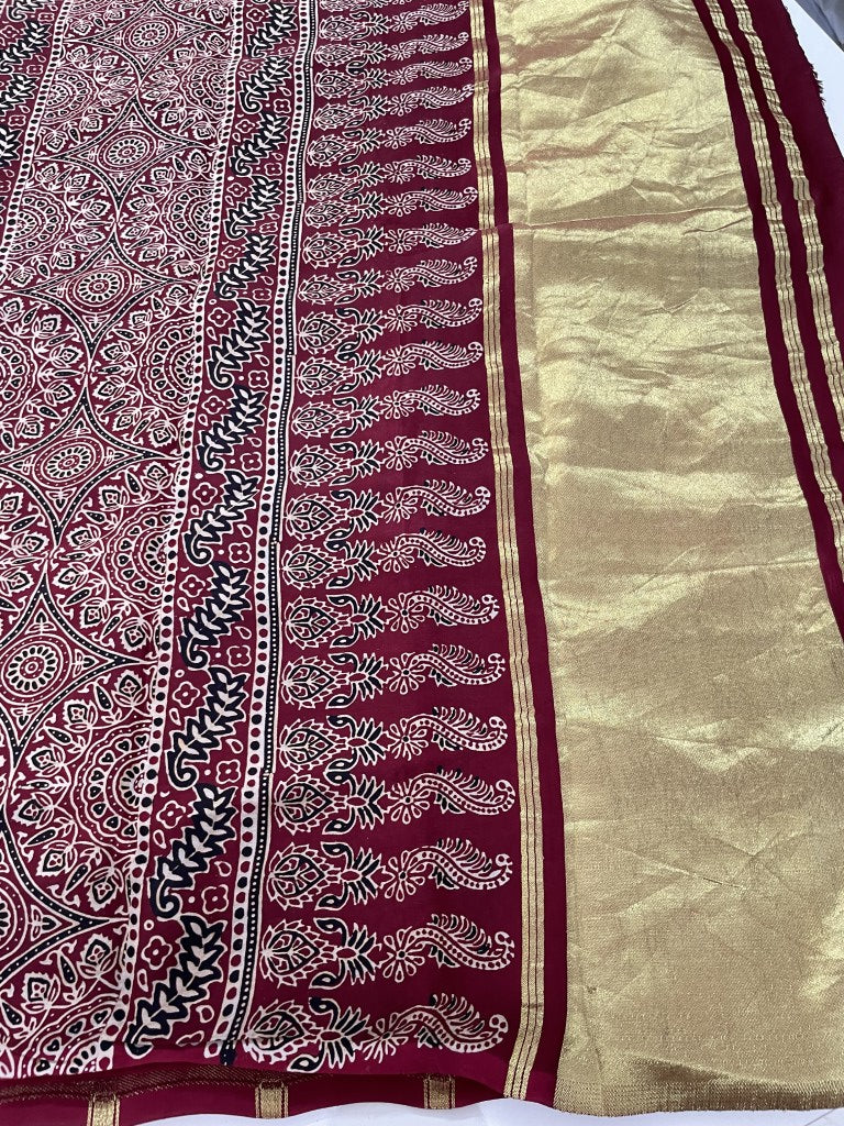 Maroon Ajrakh Gharchola Modal Silk Saree