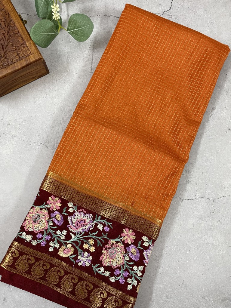 Rust Embroidered Semi Crepe Georgette Saree