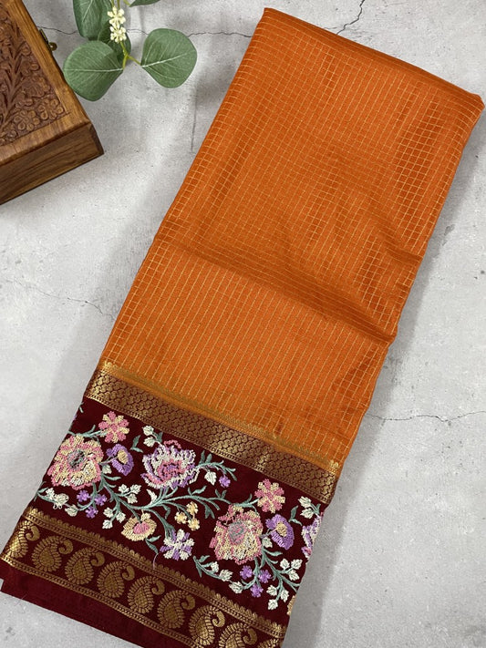 Rust Embroidered Semi Crepe Georgette Saree