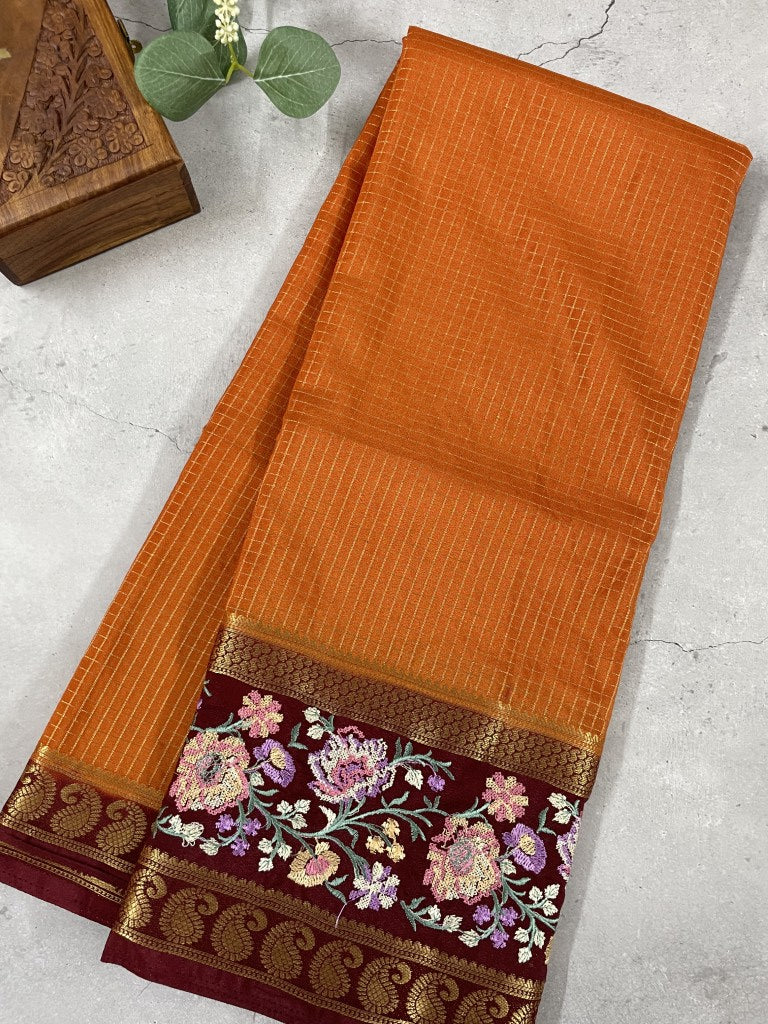 Rust Embroidered Semi Crepe Georgette Saree