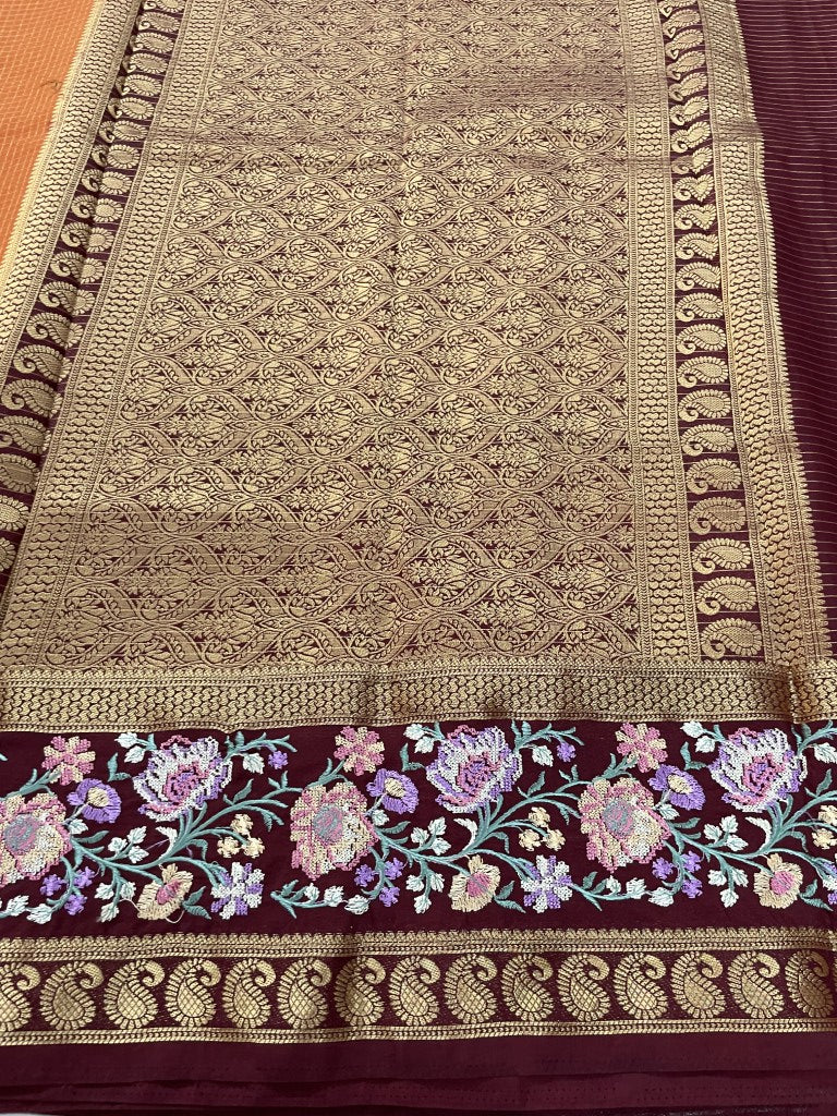 Rust Embroidered Semi Crepe Georgette Saree