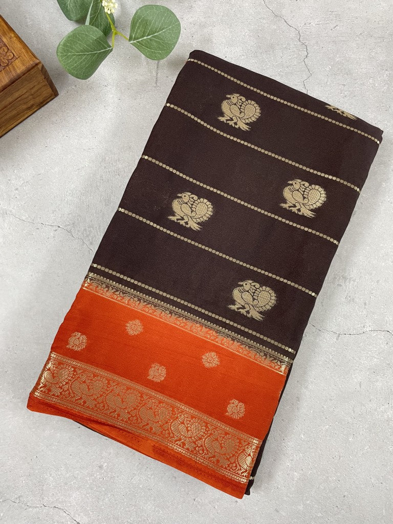 Brown N Rust Semi Crepe Silk Saree