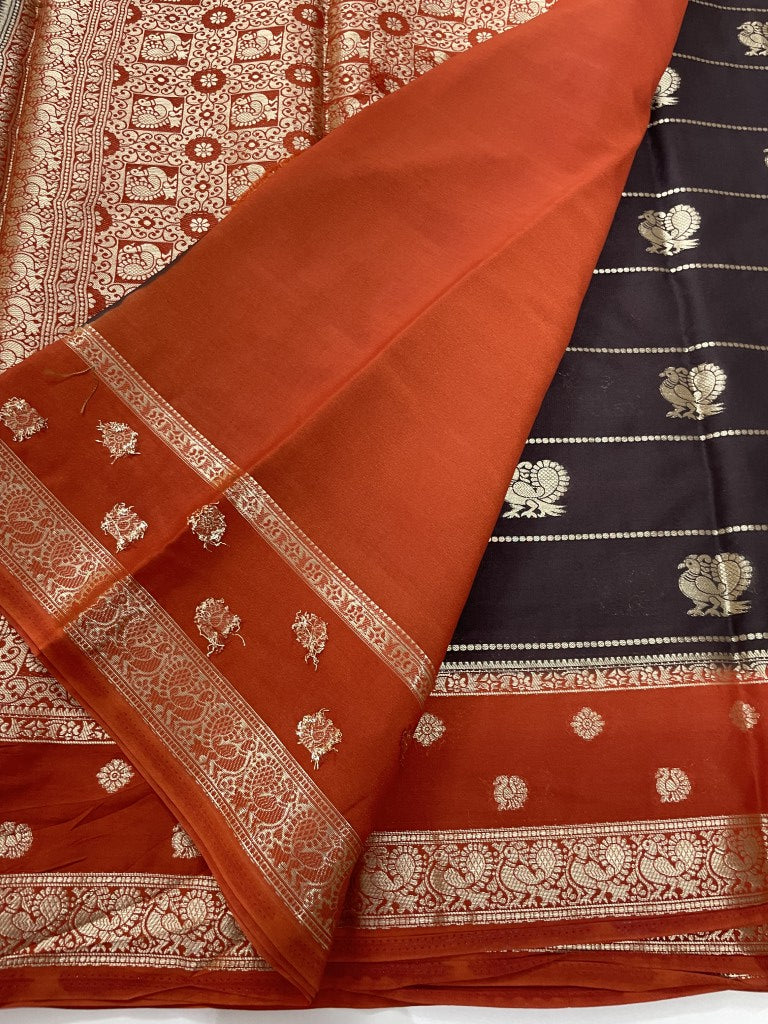 Brown N Rust Semi Crepe Silk Saree