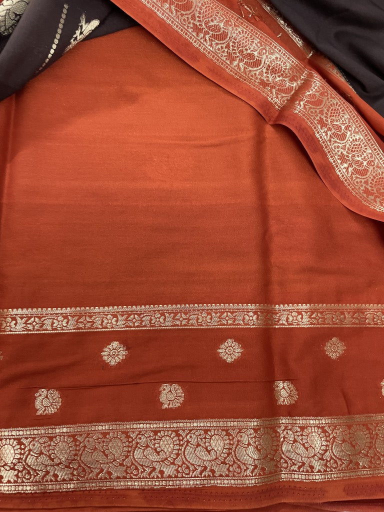 Brown N Rust Semi Crepe Silk Saree