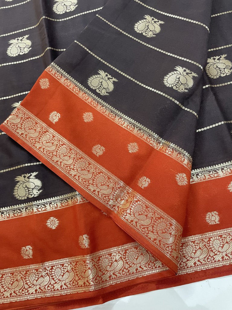 Brown N Rust Semi Crepe Silk Saree