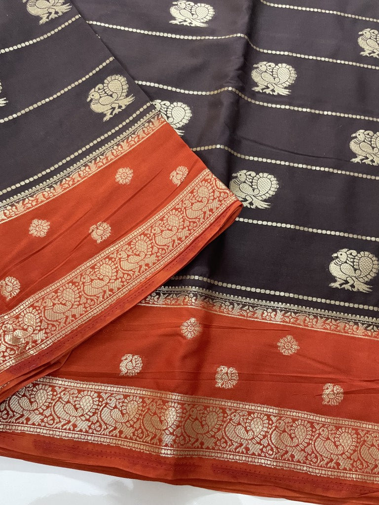 Brown N Rust Semi Crepe Silk Saree