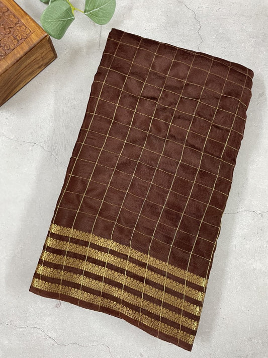 Brown Checkered Viscose Crepe Silk Saree