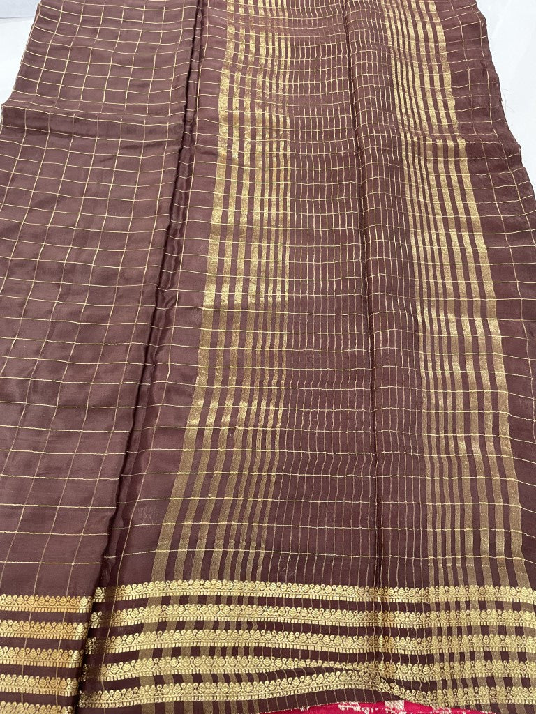 Brown Checkered Viscose Crepe Silk Saree