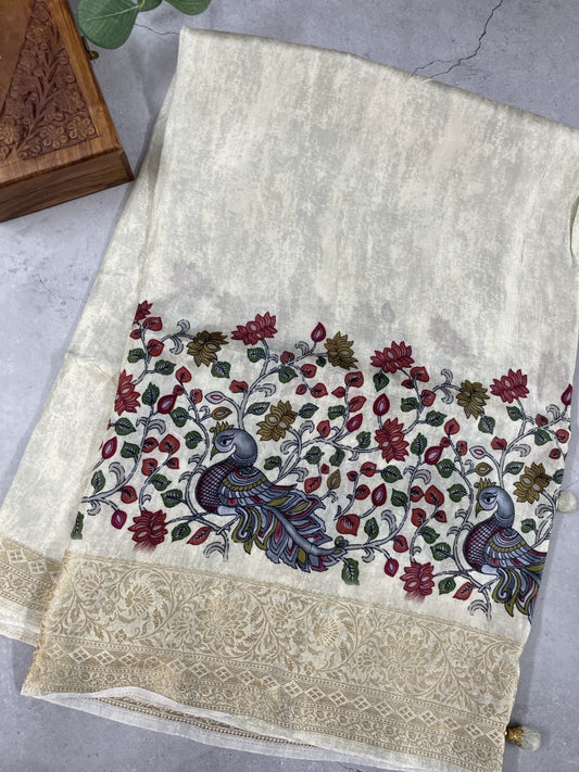 Off White Printed Viscose Dola Silk Saree