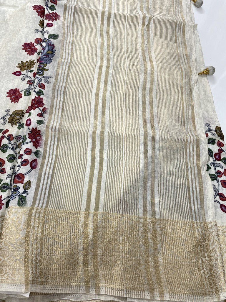 Off White Printed Viscose Dola Silk Saree