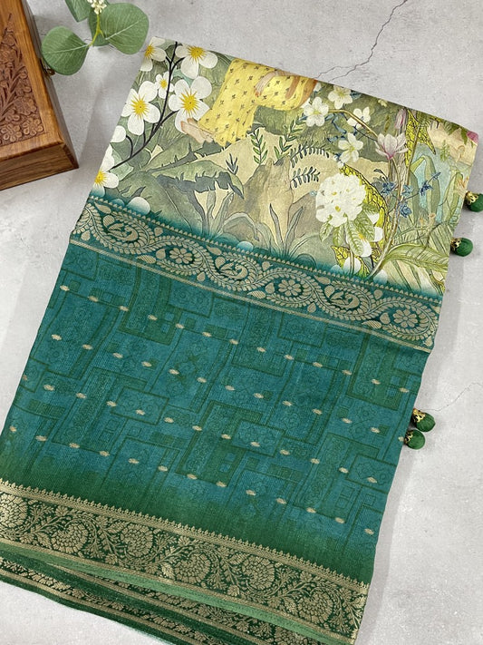 Green Printed Viscose Dola Silk Saree