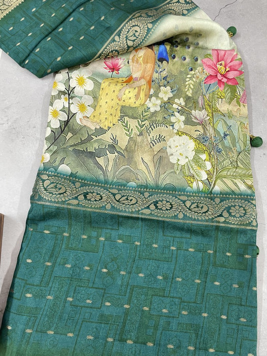 Green Printed Viscose Dola Silk Saree
