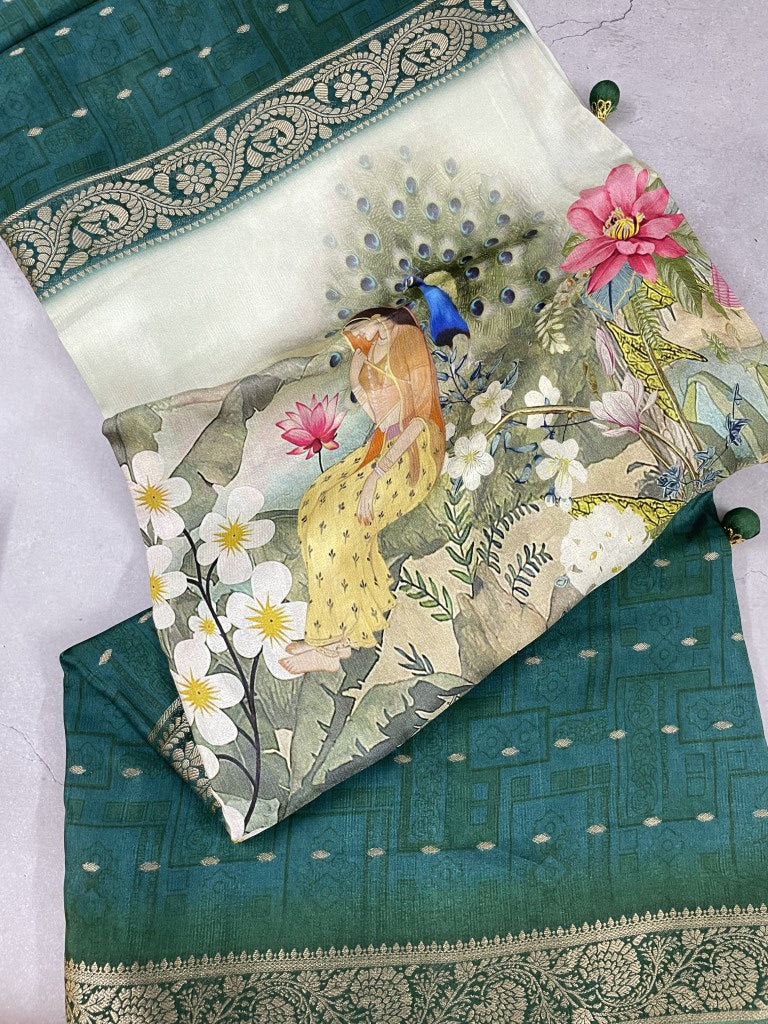 Green Printed Viscose Dola Silk Saree