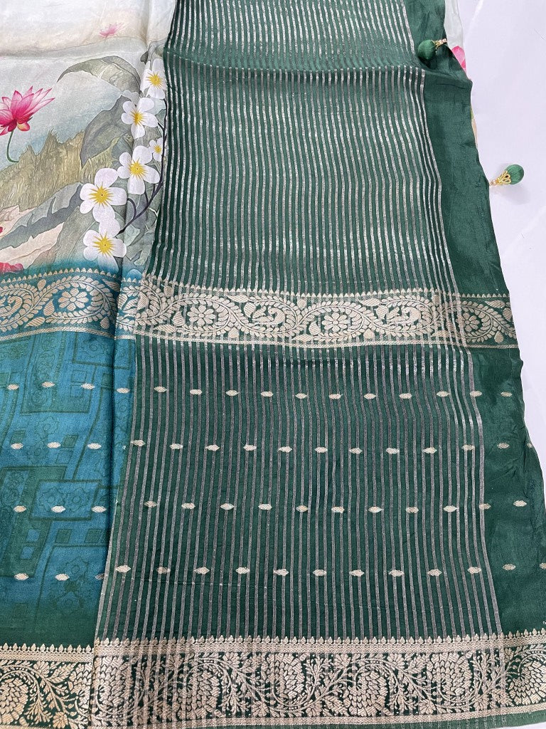 Green Printed Viscose Dola Silk Saree