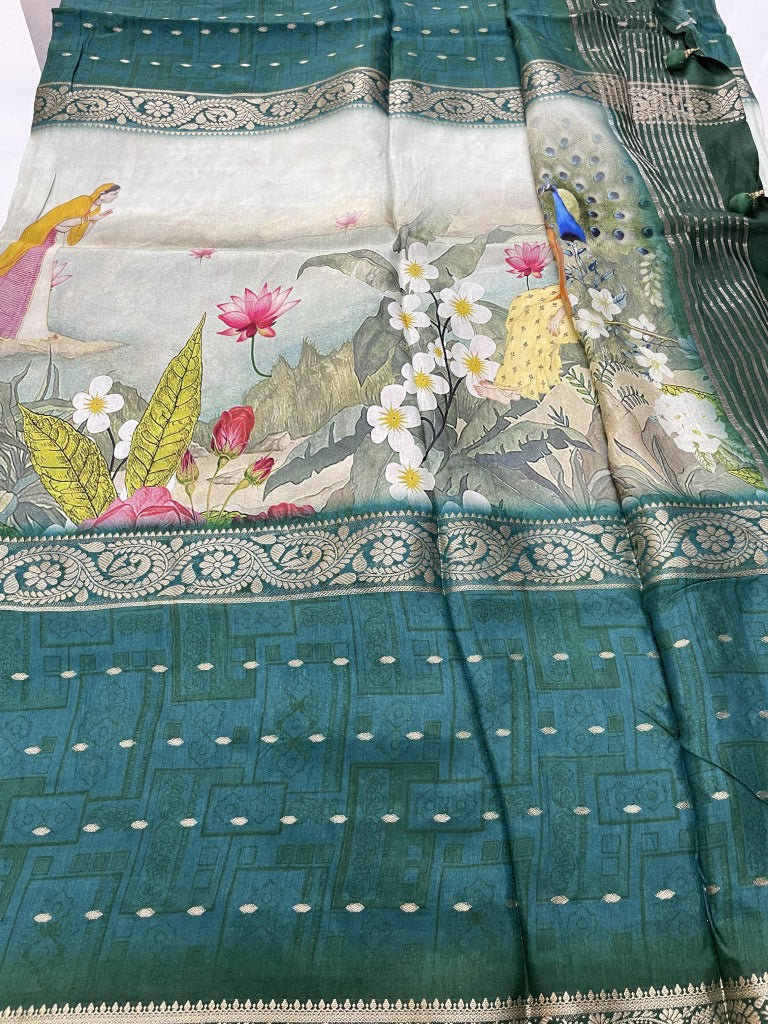 Green Printed Viscose Dola Silk Saree