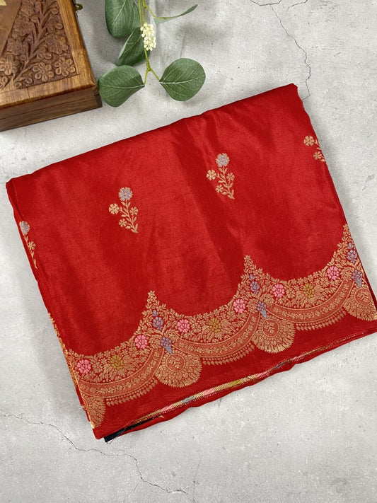 Red Scallop Viscose Dola Silk Saree