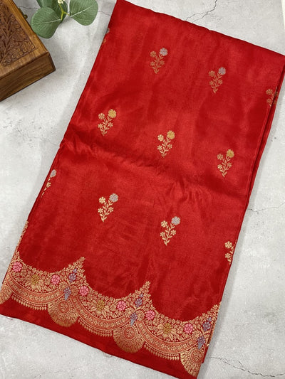 Red Scallop Viscose Dola Silk Saree