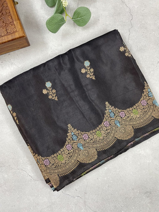 Black Scallop Viscose Dola Silk Saree