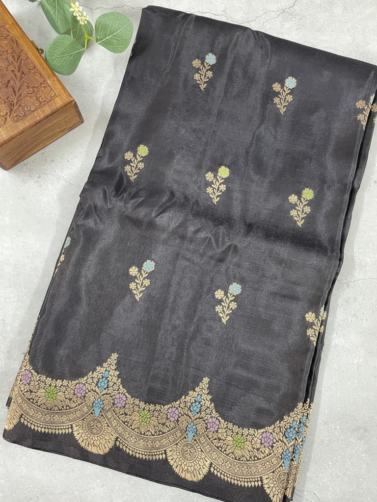 Black Scallop Viscose Dola Silk Saree