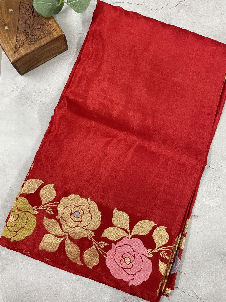 Red Floral Viscose Dola Silk Saree