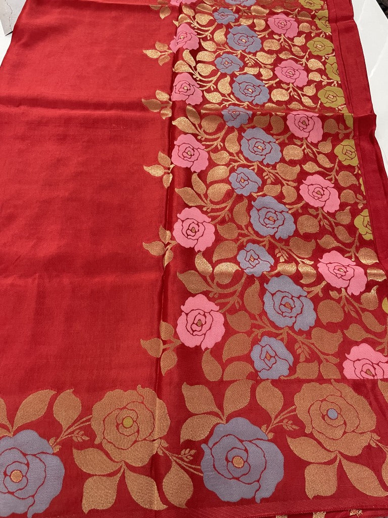 Red Floral Viscose Dola Silk Saree