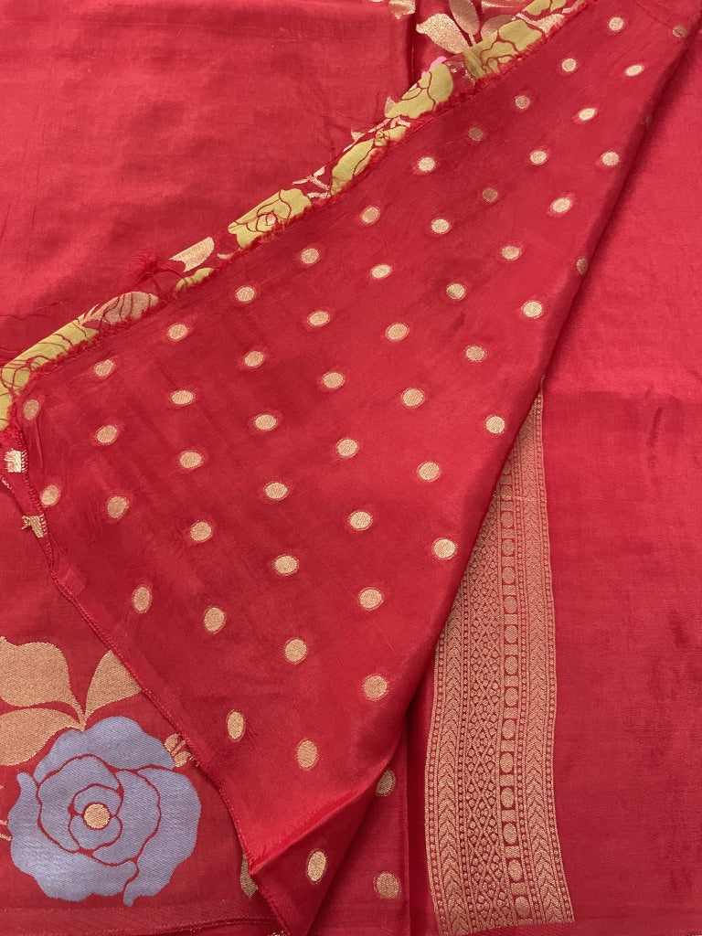 Red Floral Viscose Dola Silk Saree