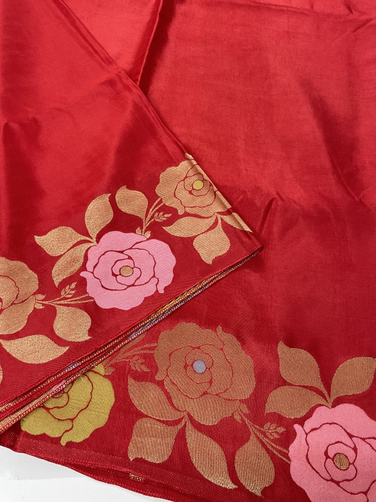 Red Floral Viscose Dola Silk Saree