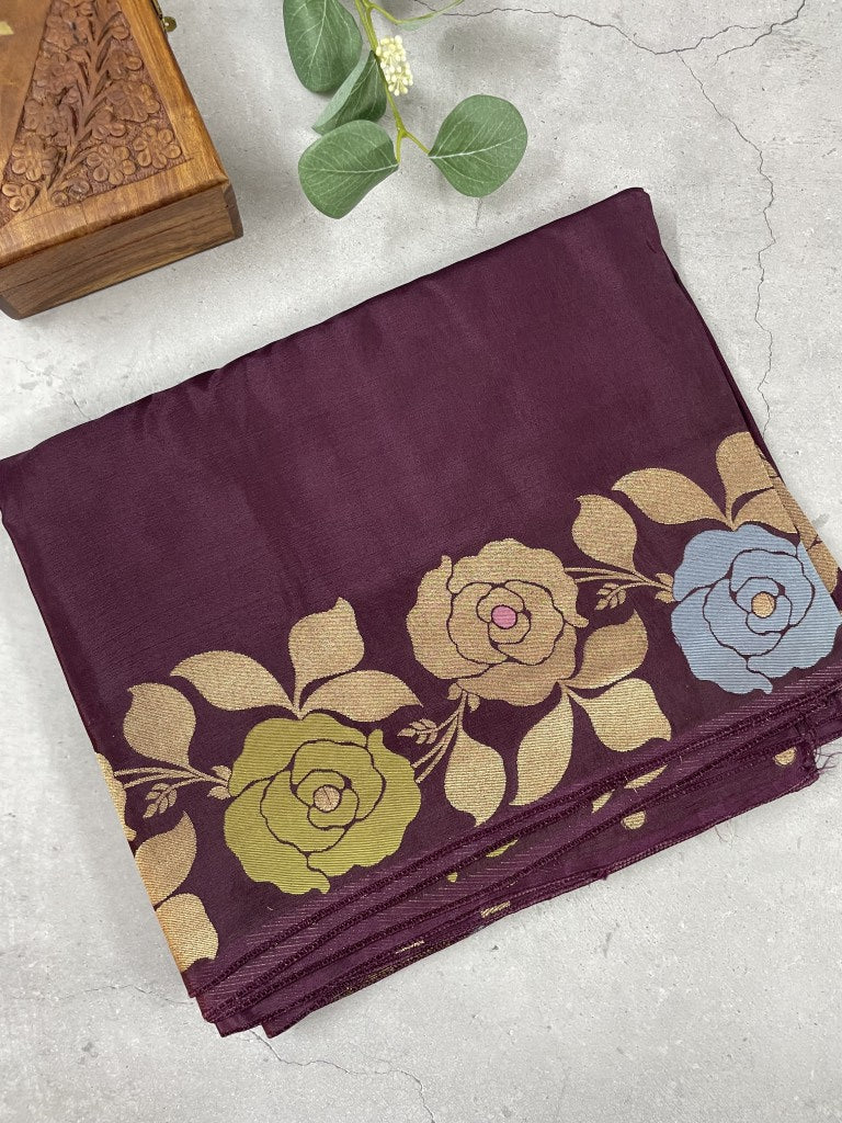 Wine Floral Viscose Dola Silk Saree