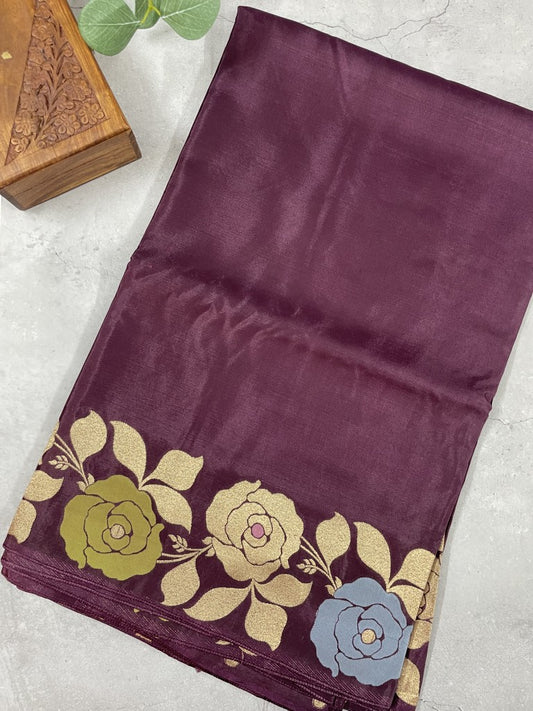 Wine Floral Viscose Dola Silk Saree