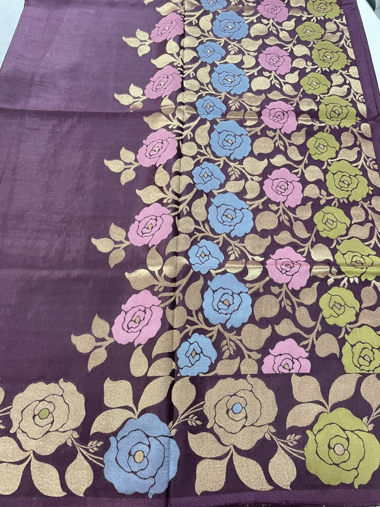 Wine Floral Viscose Dola Silk Saree