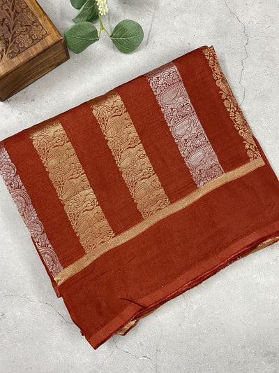 Brown Stripe Viscose Dola Silk Saree