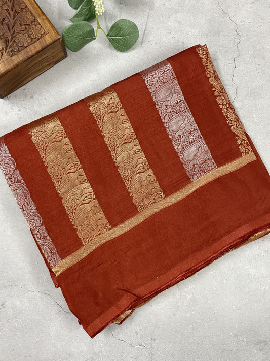 Brown Stripe Viscose Dola Silk Saree