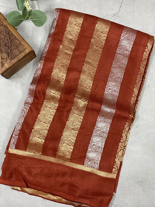 Brown Stripe Viscose Dola Silk Saree