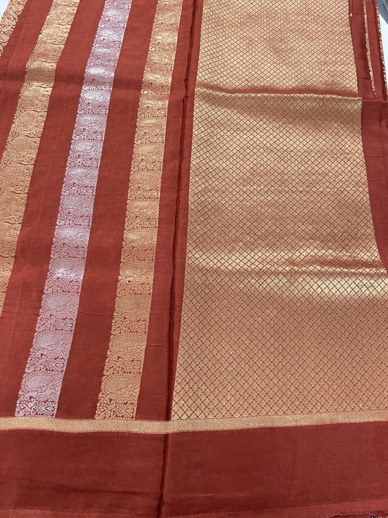 Brown Stripe Viscose Dola Silk Saree