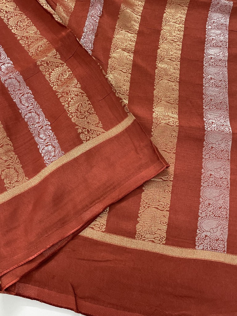 Brown Stripe Viscose Dola Silk Saree