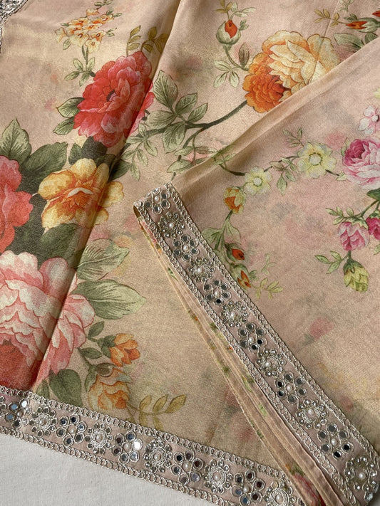 Peach Printed Lace Border Tissue Silk Saree