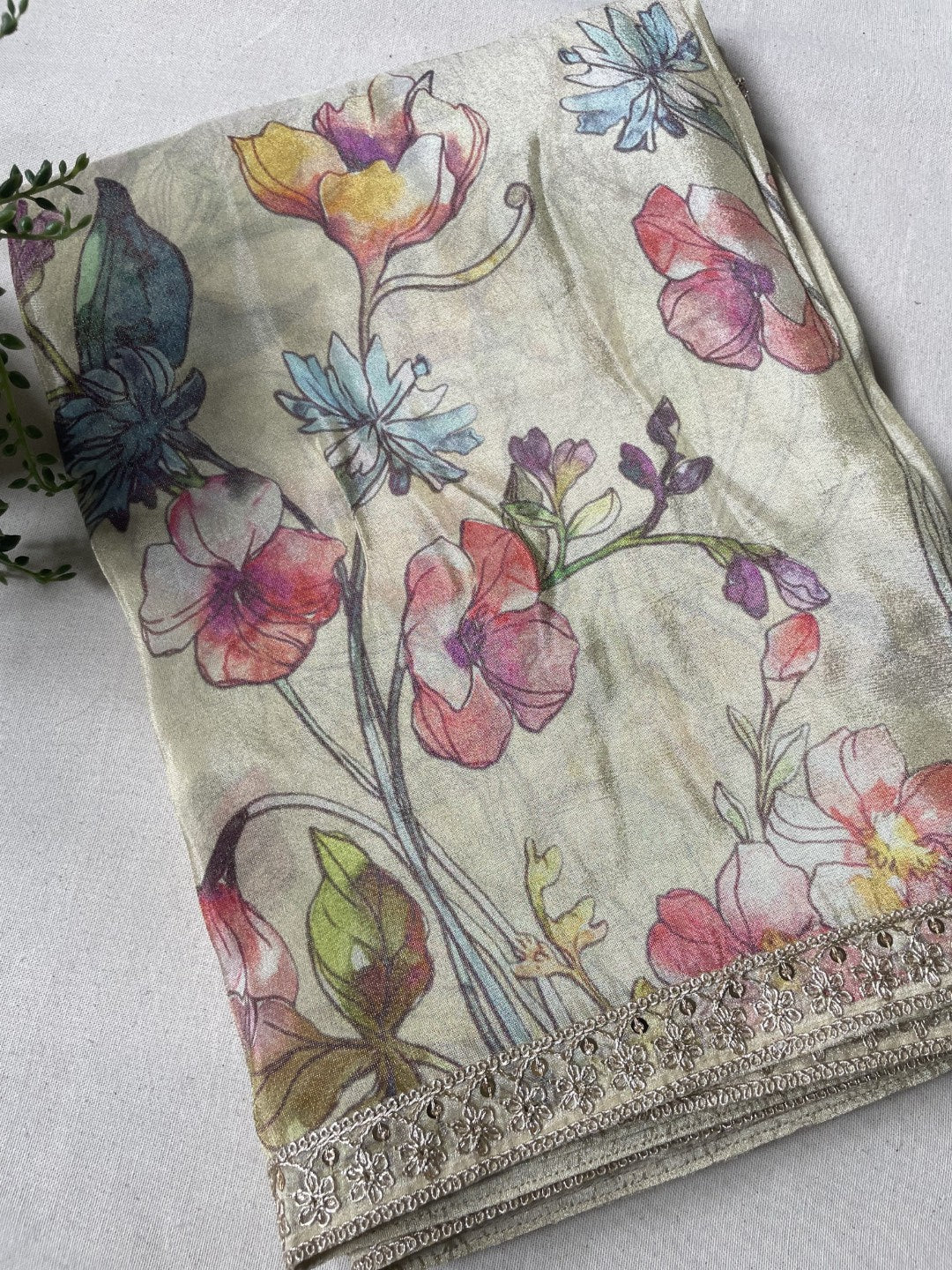 Off White Printed Lace Border Tissue Silk Saree