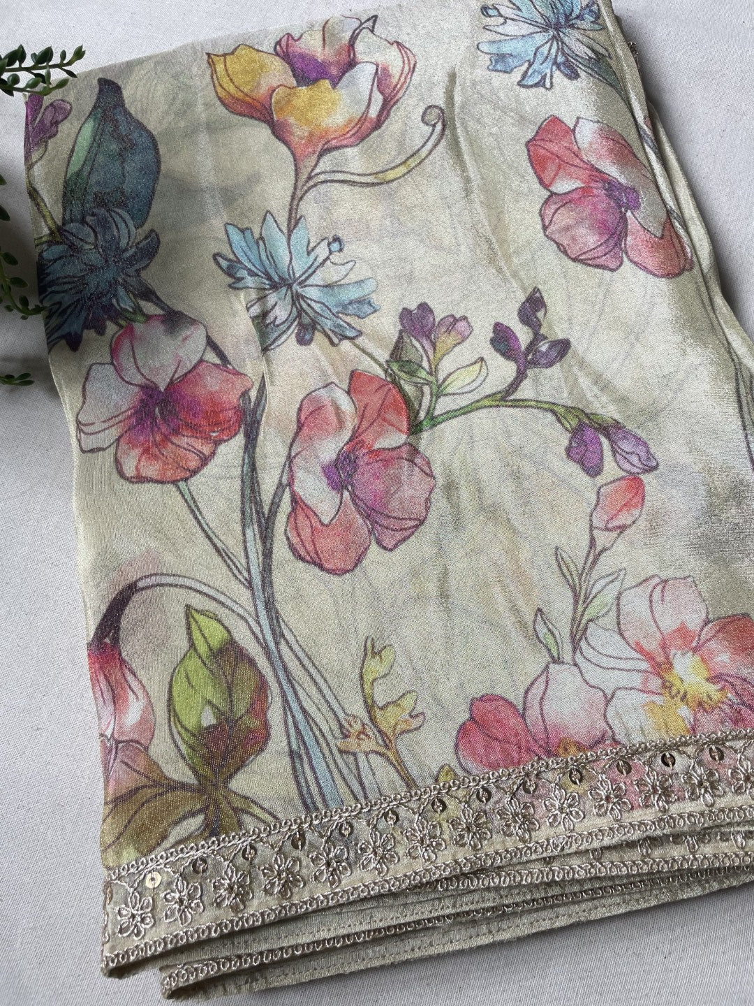 Off White Printed Lace Border Tissue Silk Saree