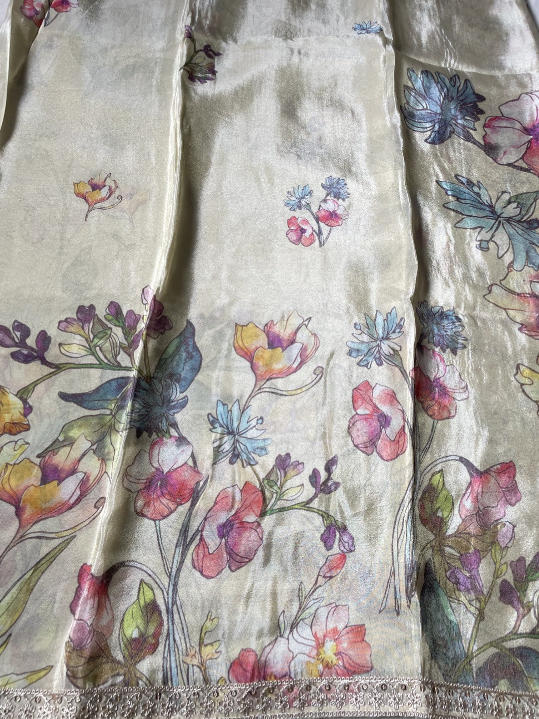 Off White Printed Lace Border Tissue Silk Saree