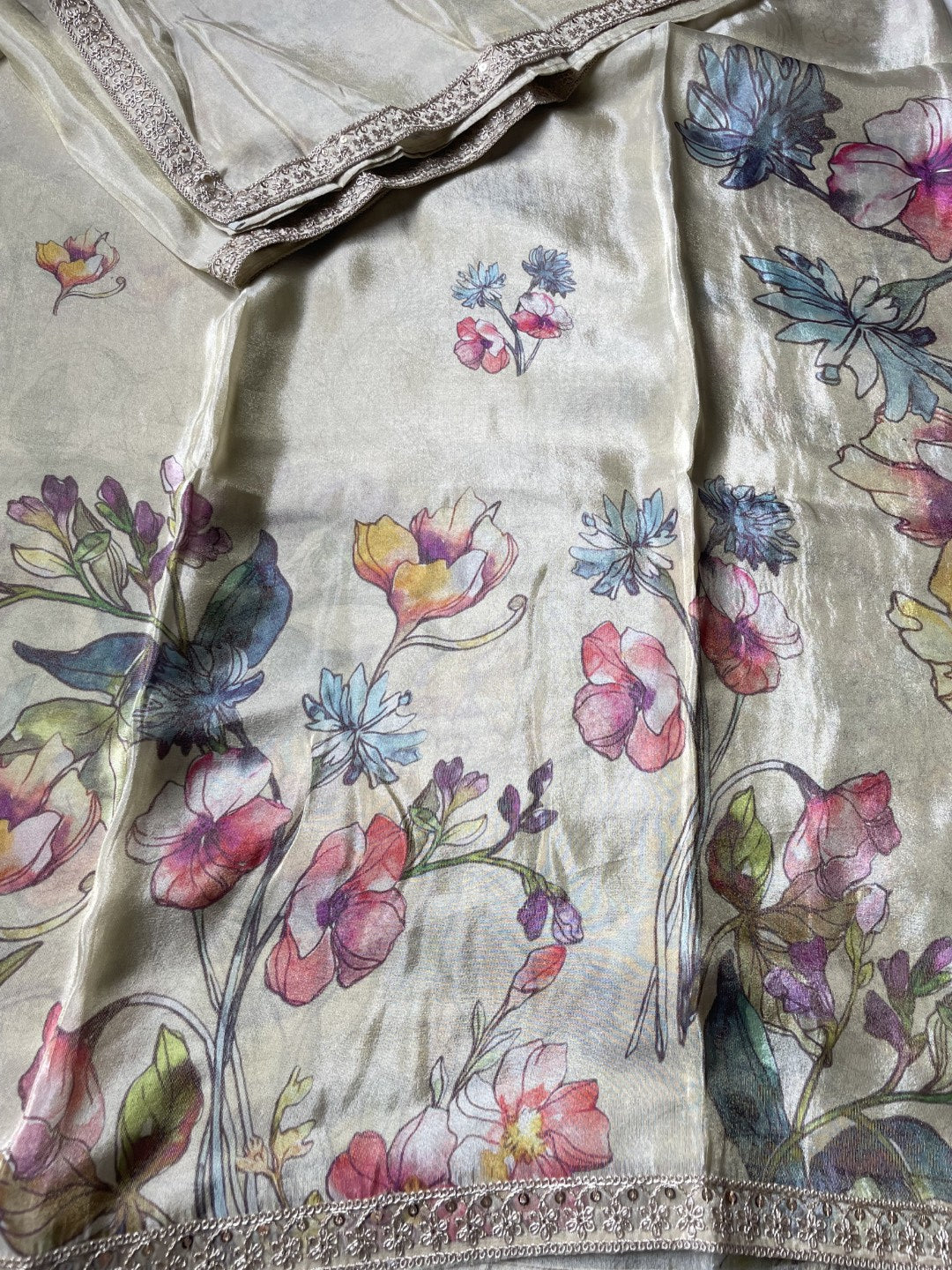 Off White Printed Lace Border Tissue Silk Saree