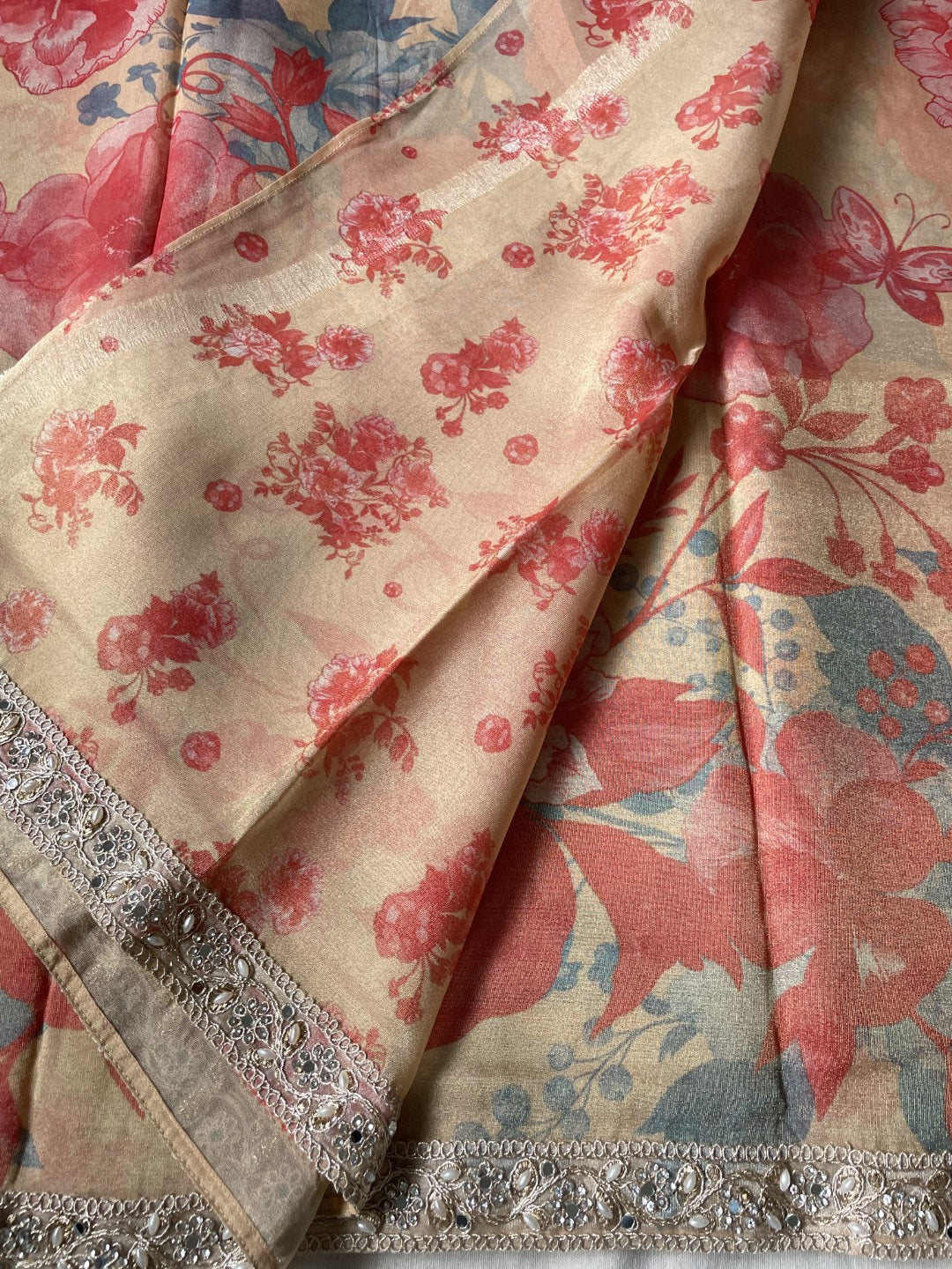 Peach 02 Printed Lace Border Tissue Silk Saree