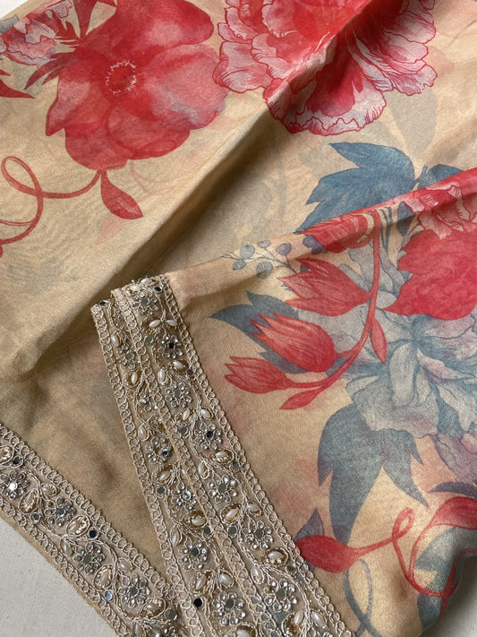 Peach 02 Printed Lace Border Tissue Silk Saree