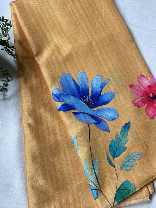 Yellow Floral Printed Semi Tussar Saree