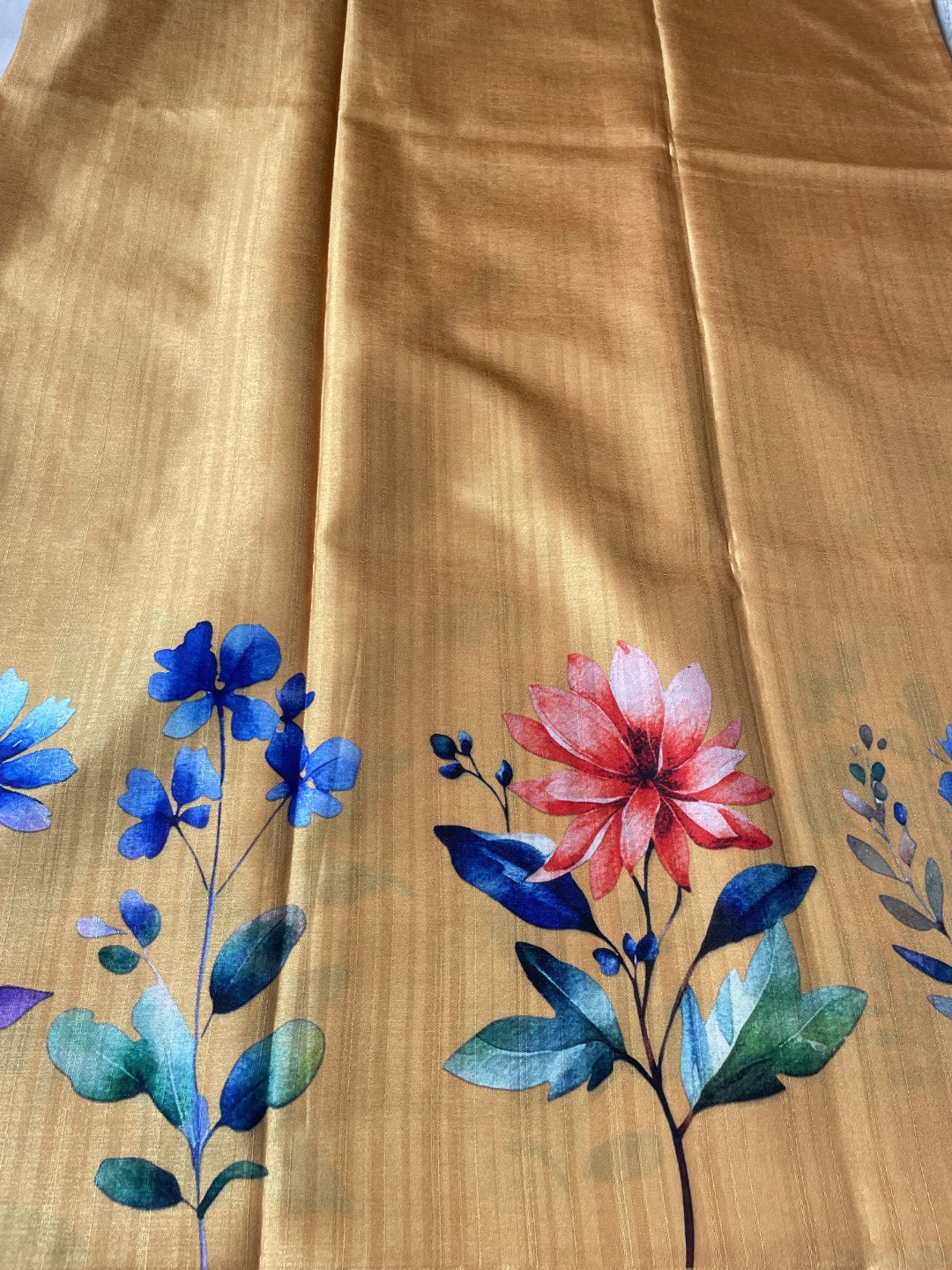 Yellow Floral Printed Semi Tussar Saree