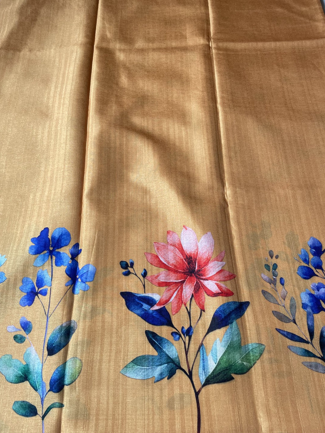 Yellow Floral Printed Semi Tussar Saree