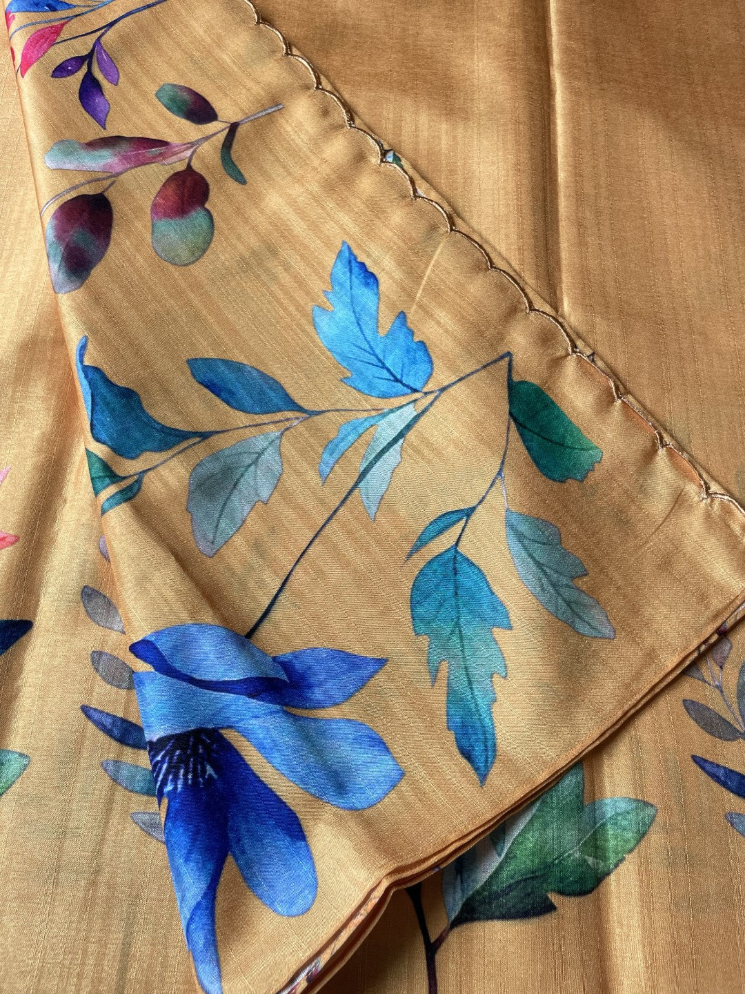 Yellow Floral Printed Semi Tussar Saree