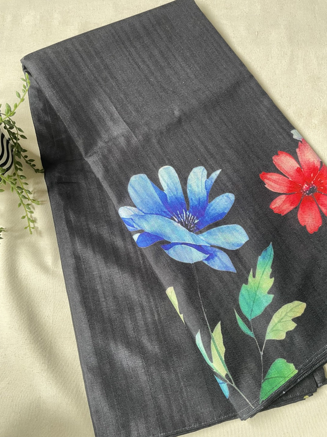 Black Floral Printed Semi Tussar Saree